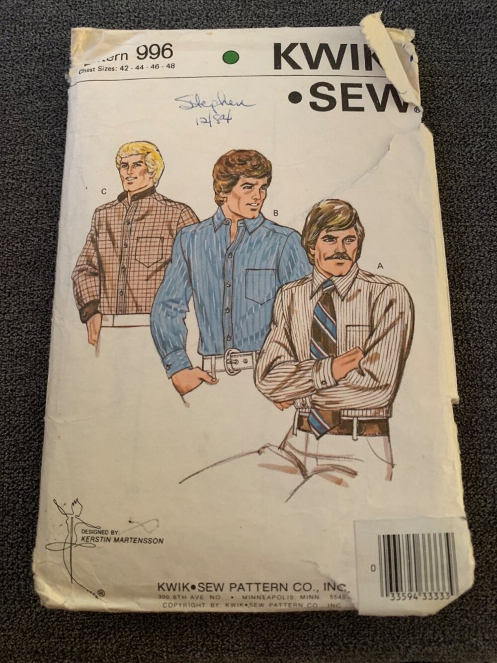 Kwik Sew Long Sleeve Shirt Pattern 996 Size 42-44-46-48 Vintage Sewing Pattern